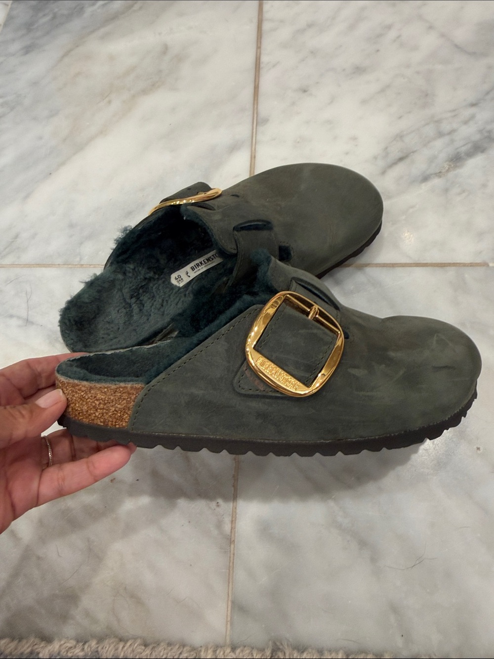 Birkenstock Suede Mule Clog in Dark Green with Gold Buckle
